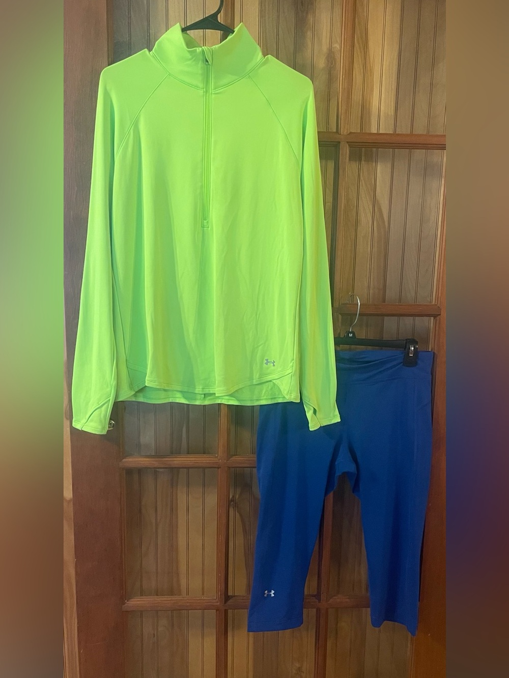Under Armour Neon Green Half-Zip Performance Top with Blue Capri Leggings